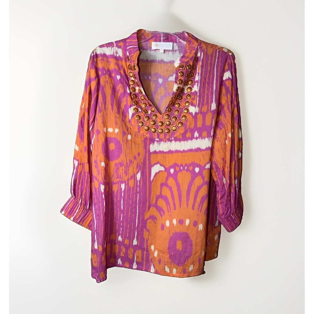 Sheridan French Embellished V-Neck Blouse Size S Pink Orange 3/4 Balloon Sleeves